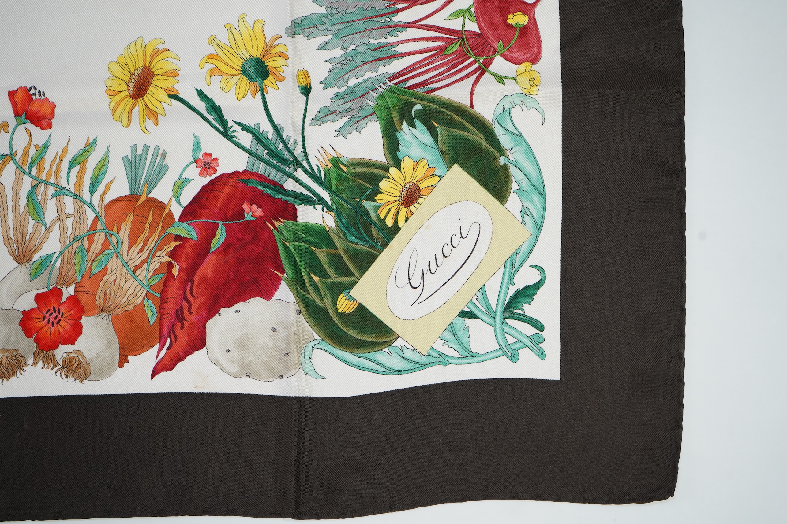 A Gucci vegetable garden design silk scarf by Vittorio Accornero, 87 x 86cm